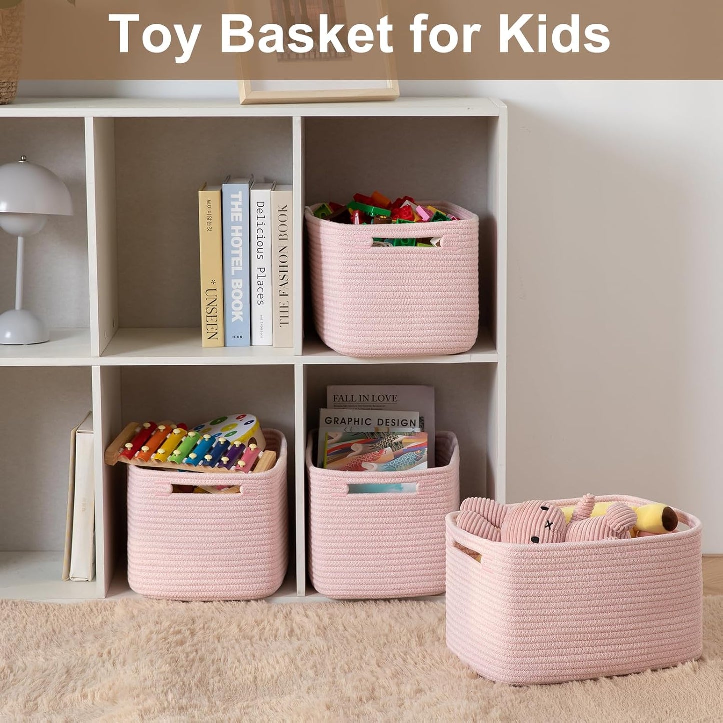 Storage Baskets for Organizing, Woven Decorative Baskets for Shelves - Books, Towels, and Clothes, Cotton Rope Toy Storage Bins, 12.7''Lx9''Wx7.8''H, Pack of 4, Pink