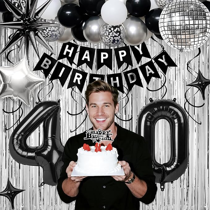 40th Birthday Decorations for Men Women, Black Silver Happy Birthday Party Decorations， 40 Year Old Party Supplies with Number 40 Balloons, Banner, Fringe Curtains Kit
