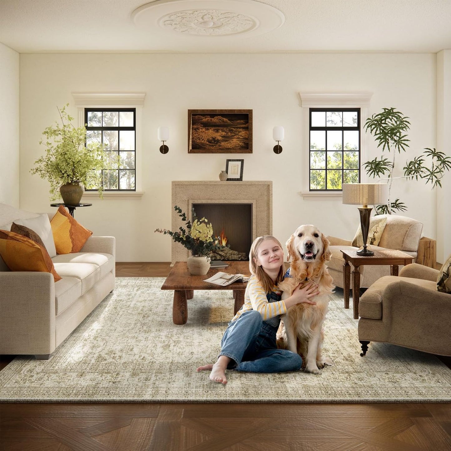 Machine Washable Rugs for Living Room: 5x7 Area Rugs for Bedroom Boho Vintage Rugs Stain Resistant Non Slip Low Pile Soft Lightweight Carpet for Kitchen Dining Room Farmhouse Nursery Kids Room