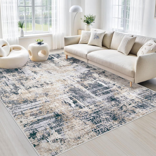 Area Rugs 5x7 Living Room: Washable Rug Modern Abstract Rugs Soft Non Slip Neutral Rug Stain Resistant Indoor Carpet for Bedroom Kitchen Dining Room Nursery Home Office Rugs(Black Brown,5'x7')
