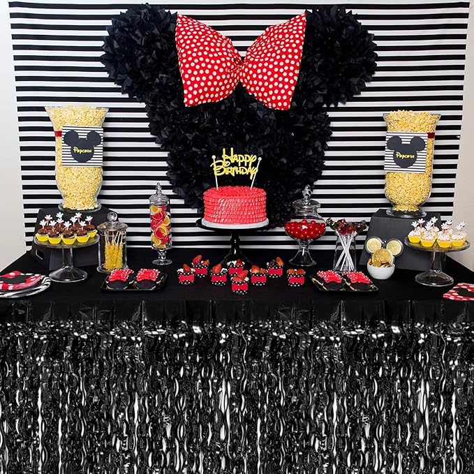 4P Wavy Metallic Tinsel Foil Fringe Table Skirts for Rectangle Tables Backdrop Garland Curtains for Parade Floats Wedding Birthday Parties Decoration Graduation 2025 Christmas (Black)