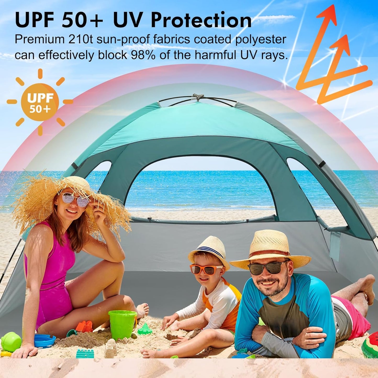 WhiteFang Beach Tent Anti-UV Portable Sun Shade Shelter for 3/4/6/8 Person, Extendable Floor with 3 Ventilating Mesh Windows Plus Carrying Bag, Stakes and Guy Lines