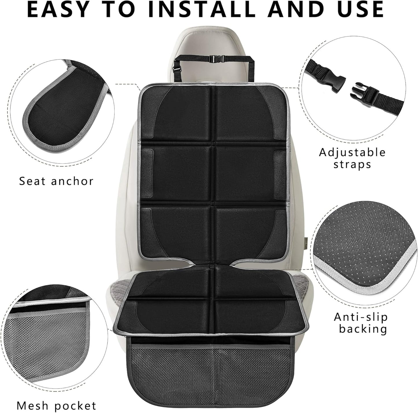 Car Seat Protector 2 Pack Baby Car Seat Covers with Mesh Pockets & Non-Slip Backing 600D Durable Seat Protector Under Baby Car Seat (Black & Gray, Large)
