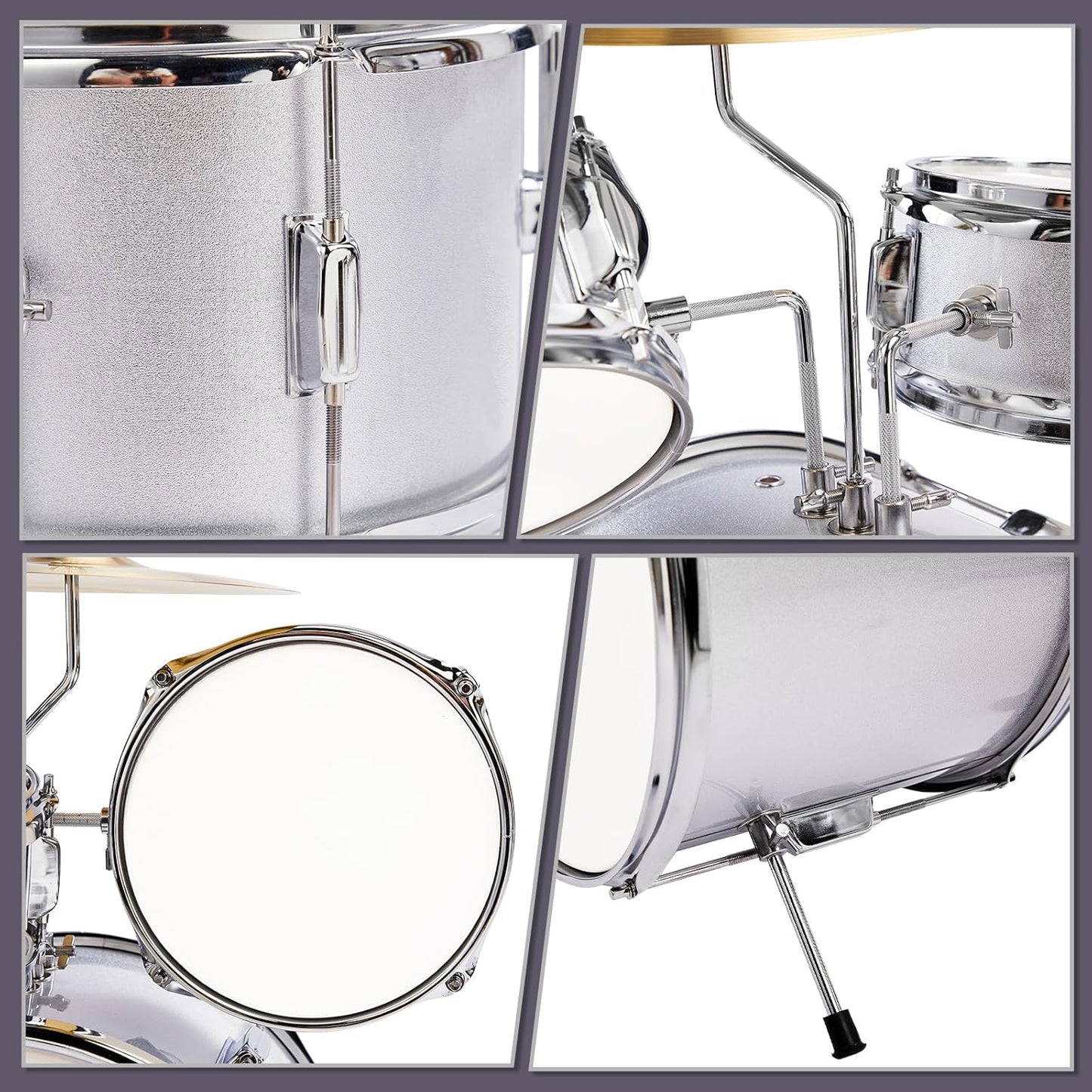 Ktaxon 5-Piece Complete Junior Drums Set, 14 Inch Beginners Drum Kit with Throne Stool, Pedal & Drumsticks, Kids Drums Musical Instruments W/Cymbal, Hi-Hat, Floor, Tom and Snare Drum (Silver)