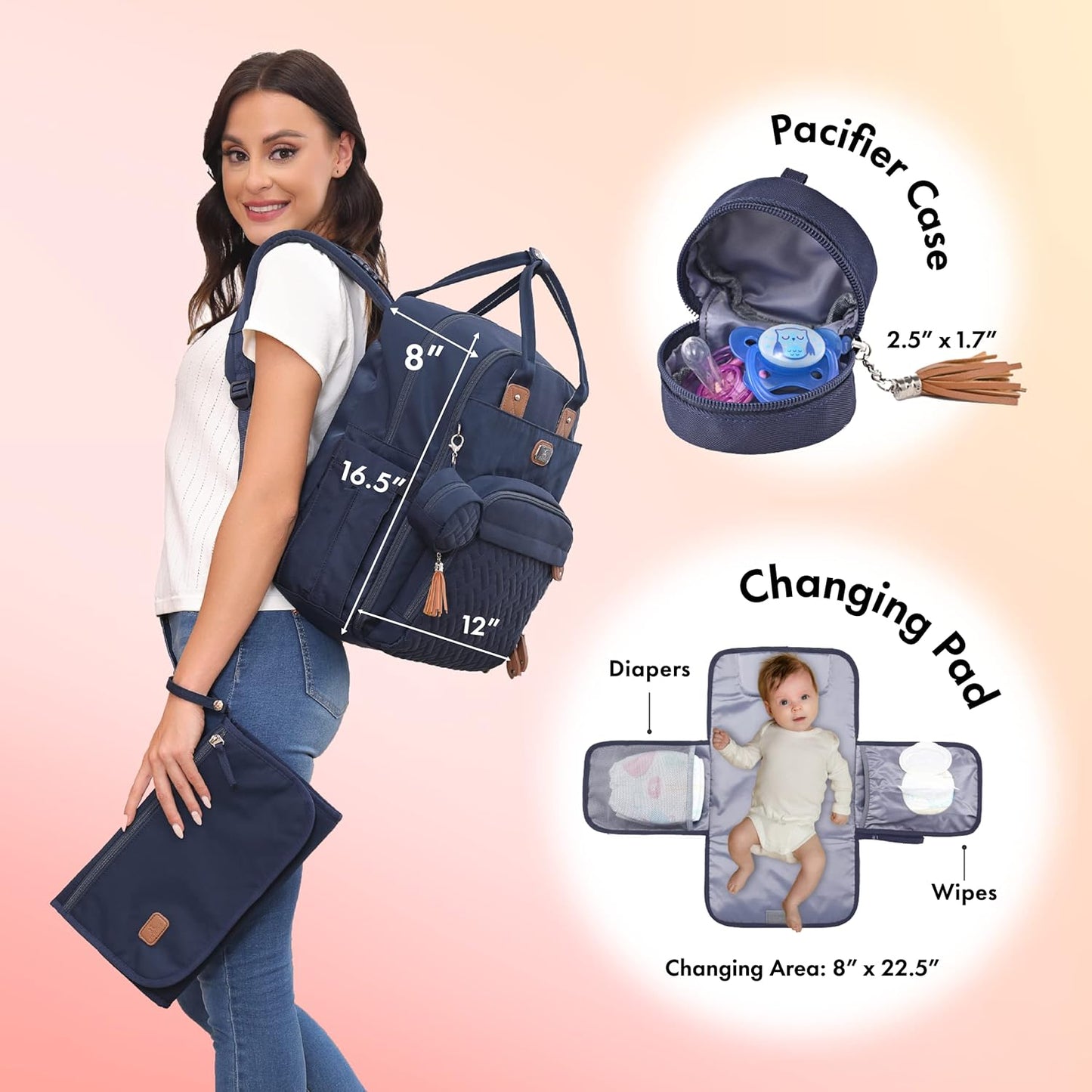 Dikaslon Diaper Bag Backpack with Portable Changing Pad, Pacifier Case and Stroller Straps, Large Unisex Baby Bags for Boys Girls, Multipurpose Travel Back Pack Moms Dads, Navy Blue