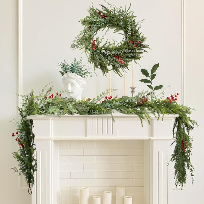 6FT Christmas Garland Norfolk Pine Tree Artificial Cedar Eucalyptus Greenery, Realistic Pine Garland for Mantel Fireplace Stair Rail Doorway Table Centerpiece, Indoor Outdoor Winter Decor