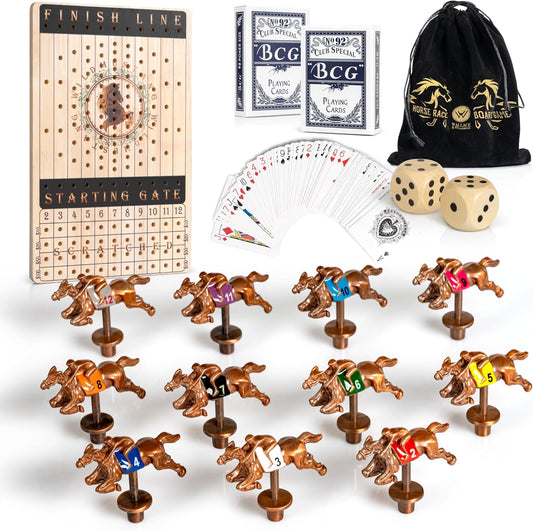 New Metal Horses Horse Race Board Game with 11 Metal Horses, 2 dice and 2 Boxes of Cards, Thick Luxurious Chessboard Wood, Horse Racing, Adult Game for Parties, Family Night