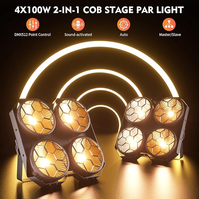 Stage Lights, 4X100W COB Spotlight LED Par Can Retro Lights, 2 in 1 Cool White & Warm White DMX512 Sound Activated Blinder Uplights for Events Parties Wedding Church Concert Studio Show Dance - 2Packs