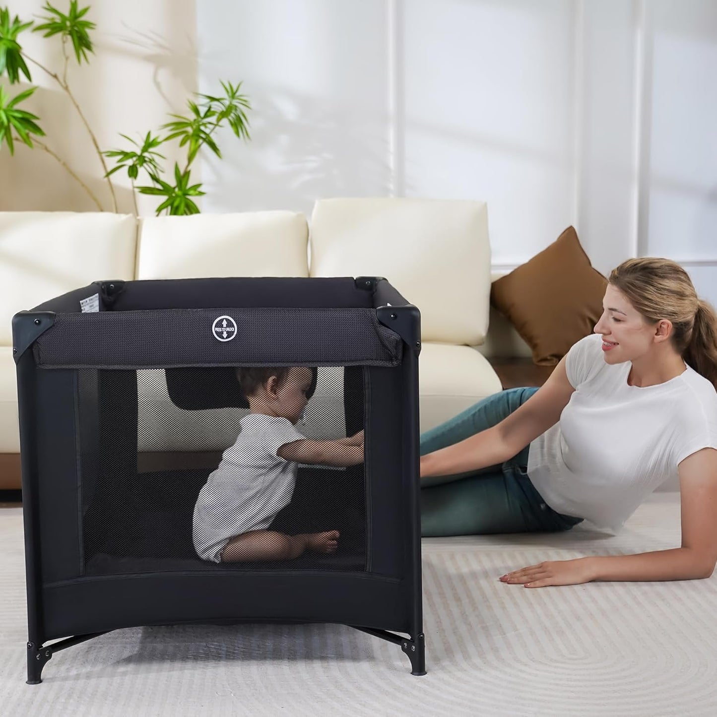 Pamo Babe Portable Crib Baby Playpen with Mattress and Carry Bag (Black)