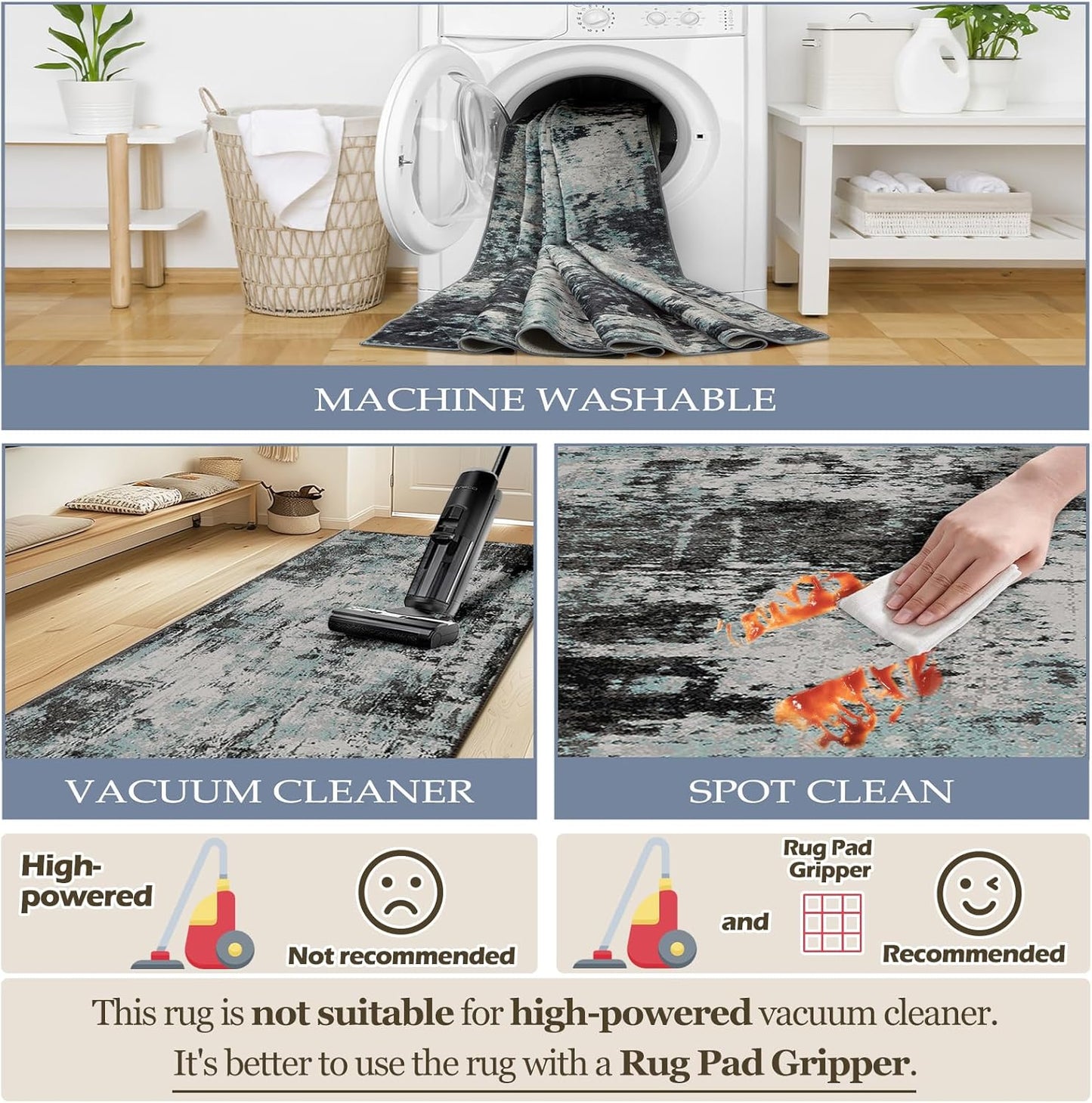 Washable Area Rugs 8ft Non-Slip Modern Abstract Soft for Living Room Entryway Bedroom Nursery, Print Pattern, Blue Black Teal