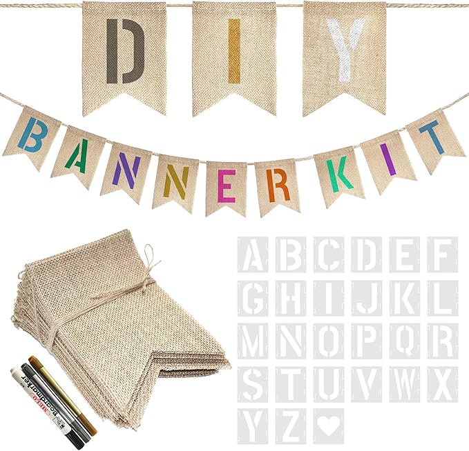 20 PCS Burlap Banner with 27 PCS Letters Stencil DIY Customizable Birthday Party Banners Decorations for Wedding, Camping