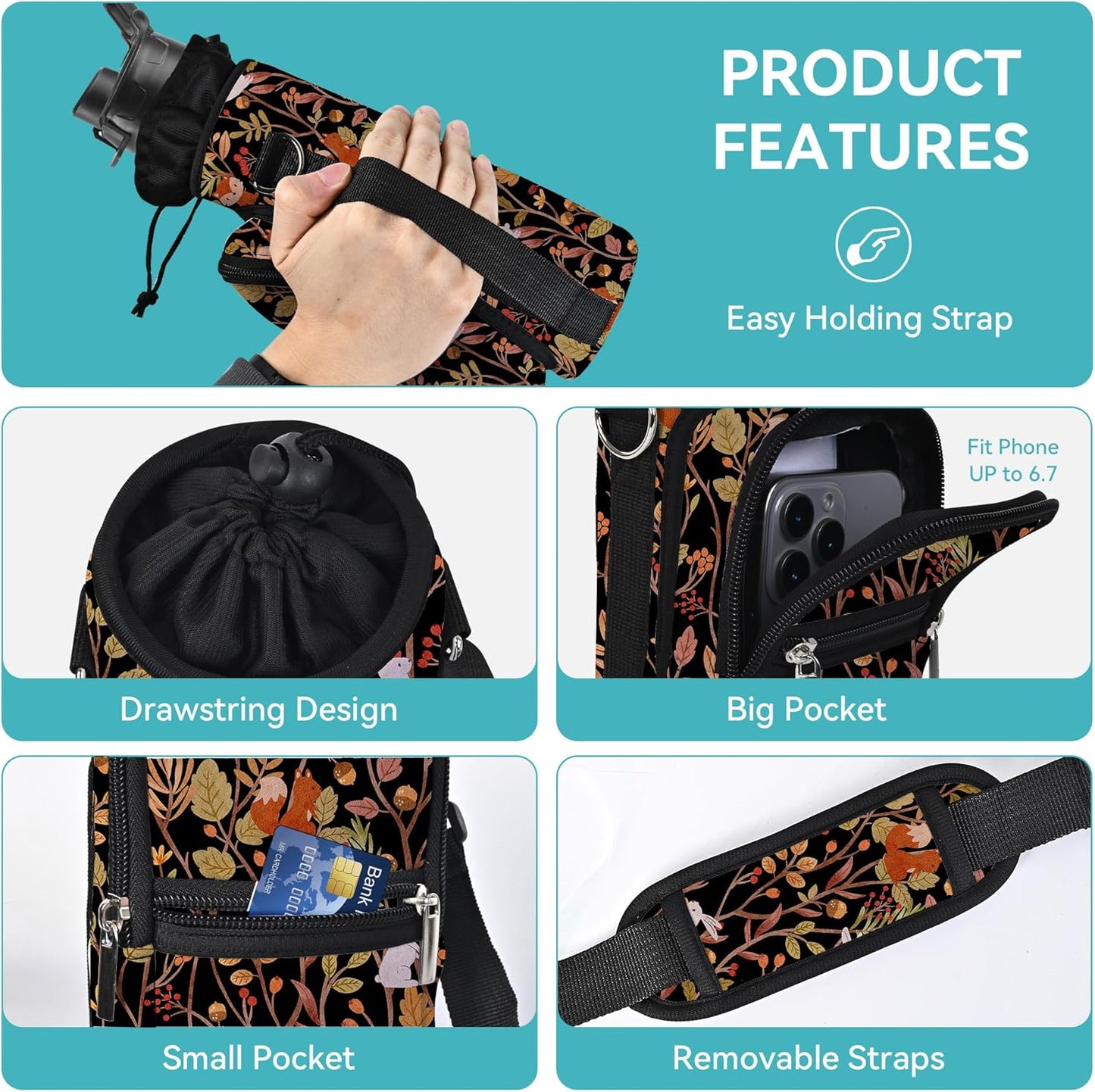 25/32/40/64oz Water Bottle Bag Holder Carrier-Insulated Crossbody Sling Case Sleeve with Strap & Pockets for Men Women Gym Cycling Travel Walking Hiking Camping