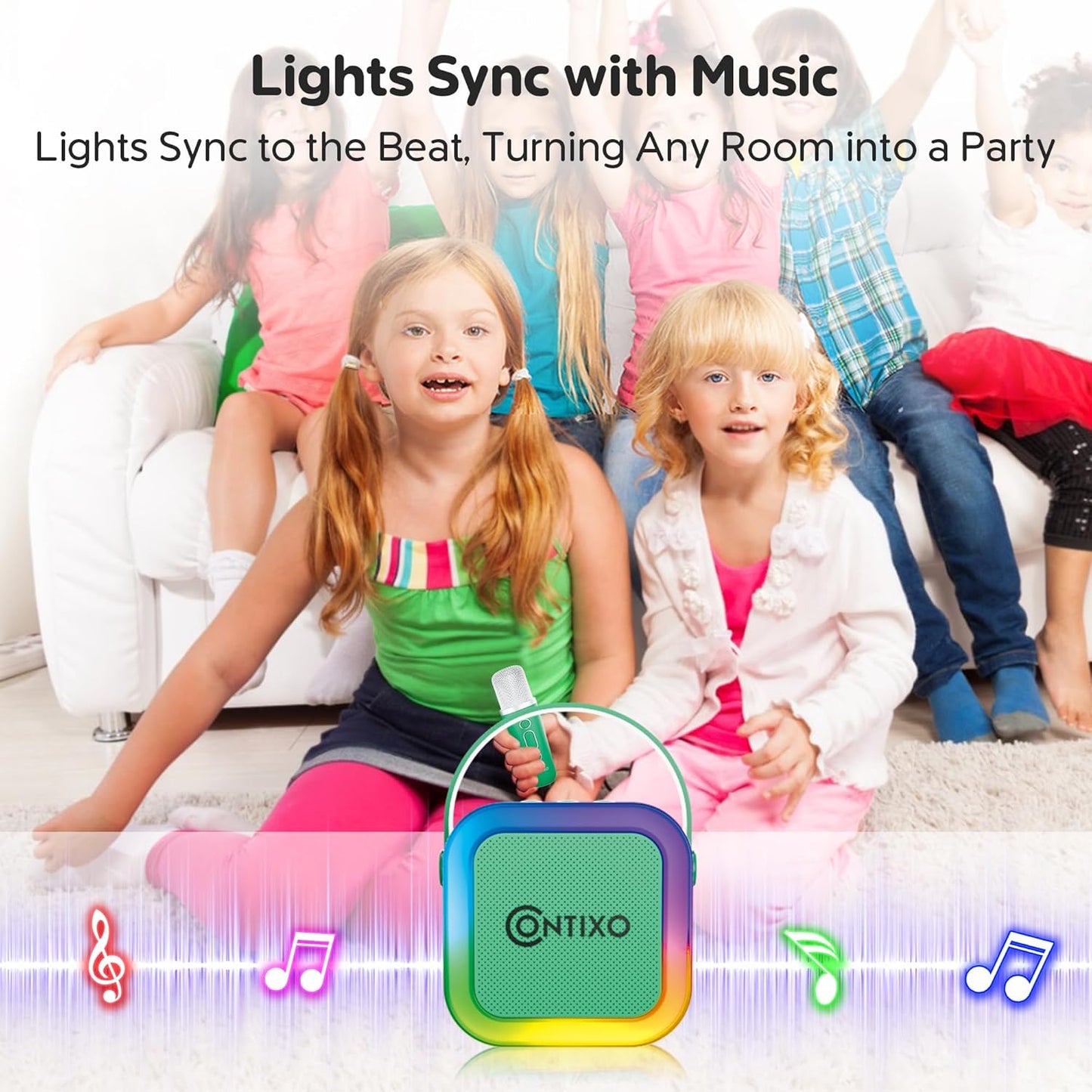 Contixo KS1A Kids Mini Karaoke Machine with LED Lights, 7–10H Playback, Dual Wireless Mics, Magic Voice Effects, Bluetooth Speaker for Children, Portable Singing Toy Gift for Boys & Girls, Green