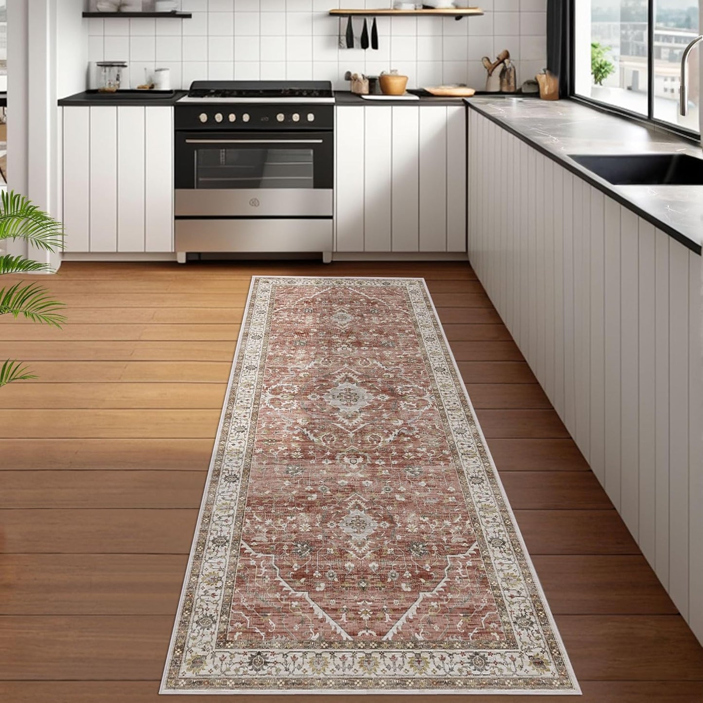 Deerly Boho Rug Runner - 2x7 Washable Kitchen Rugs with Non Slip Backing, Non-Shedding Floral Soft Rug Runners for Hallways Vintage Long Rug for Bathroom(Border Brick Red 2x7ft)