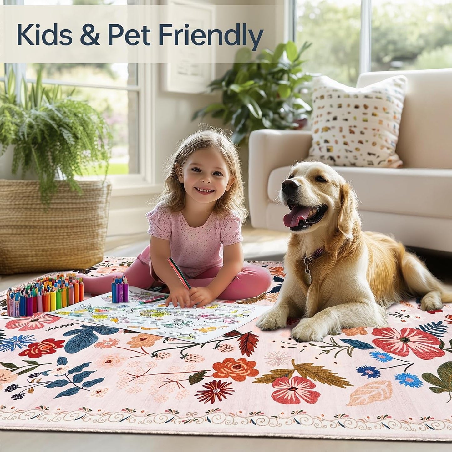 Living Room 6x9 Area Rugs Machine Washable Ultra-Thin Soft Non Slip Carpet Rug Vintage Boho Flower Stain Resistant Large Rug for Bedroom Dining Room Indoor Nursery Guest Room Home Decor,Beige