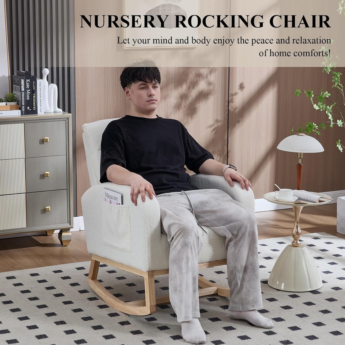 NIOIIKIT Nursery Rocking Chair, Teddy Upholstered Glider Chair with Side Pocket, Glider Rocker Chair with Tufted Back, Comfy Accent Nursing Chair for Living Room (White Modern)