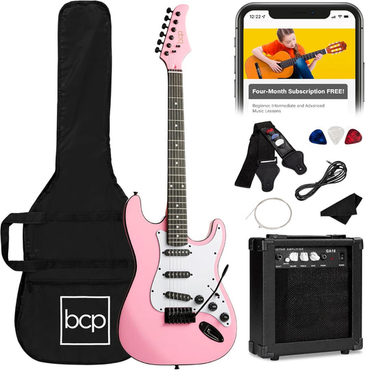 Best Choice Products 39in Full Size Beginner Electric Guitar Starter Kit w/Case, Strap, 11W Amp, Strings, Pick, Tremolo Bar - Pink