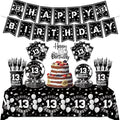 123pcs 13th Party Decorations,13th Silver Black Birthday Banner,Flags,Paper,cups,Straws,Forks,Cake Toppers,Dessert plates,Tablecloths and dinner plates,Officially a Teenager 13th Birthday Supplies
