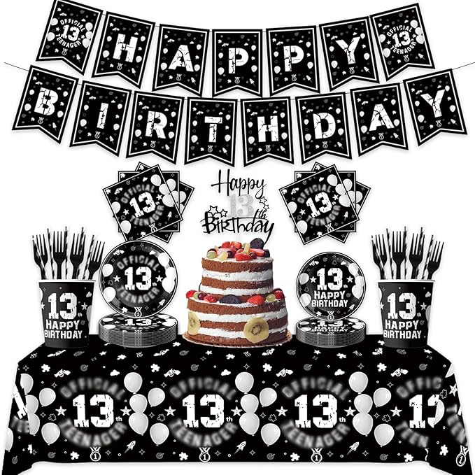 123pcs 13th Party Decorations,13th Silver Black Birthday Banner,Flags,Paper,cups,Straws,Forks,Cake Toppers,Dessert plates,Tablecloths and dinner plates,Officially a Teenager 13th Birthday Supplies