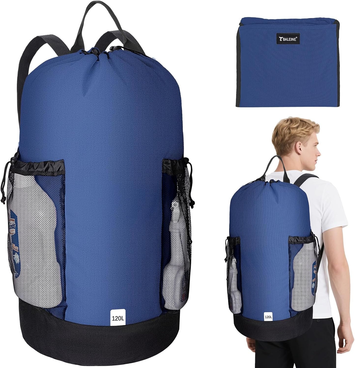 BALEINE 120L Laundry Bag Backpack, 900D Oxford Fabric Large Travel Laundry Bags with Shoulder Straps and 2 Mesh Pockets for College Dorm, Apartment, Laundromat (Navy, 120L)