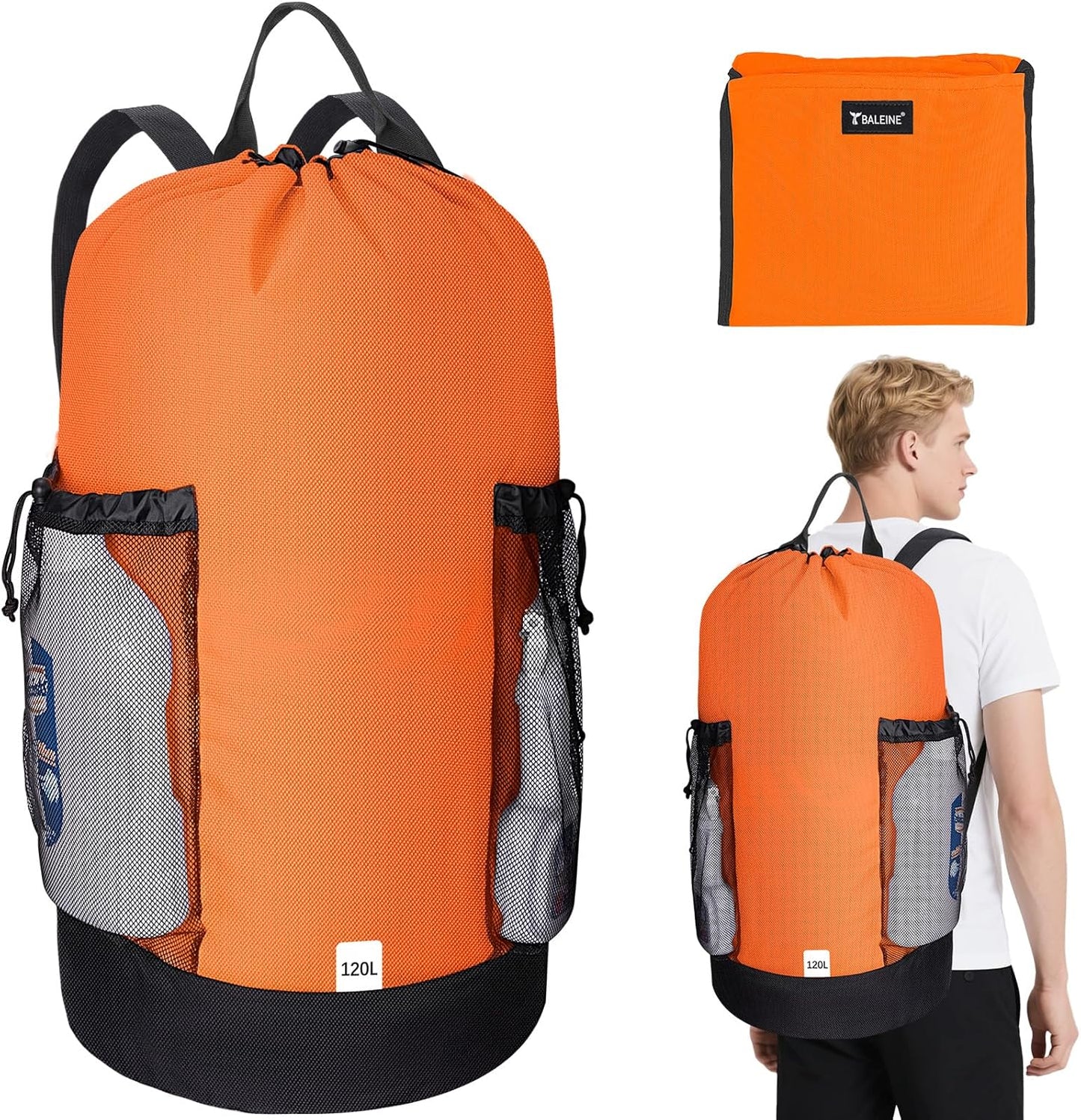 BALEINE 120L Laundry Bag Backpack, 900D Oxford Fabric Large Travel Laundry Bags with Shoulder Straps and 2 Mesh Pockets for College Dorm, Apartment, Laundromat (Orange, 120L)