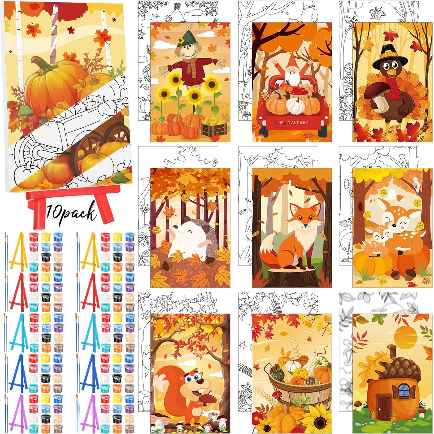 Blosssound 10 Set Pre Printed Canvas Pre Drawn Canvas Painting with Easel Kits 5" x 7" Outline Painting Panels for Beginners, DIY Craft Project, Party Favor, Home Decors(Autumn)
