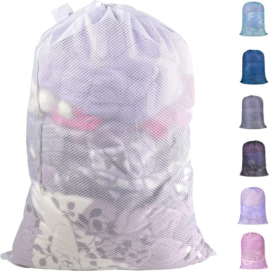 Polecasa Diamond Mesh Laundry Bags, 24 x 36 inches Heavy Duty Mesh Laundry Bag with Drawstring Closure and ID Tag, Large Laundry Hamper Liner, Laundry bag for College, Travel, Sports, Dorms,White