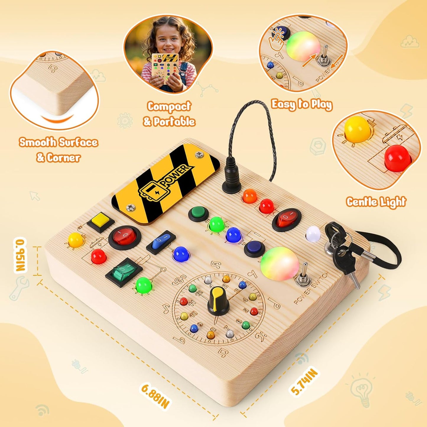 Busy Board with Led Light, Montessori Toys for 1-3 Years Old Boys Girls Wooden Toddler Toys Birthday Gift Educational Toys for 1+ Year Old, Toddler Travel Toy Sensory Toys for Kids with Autism