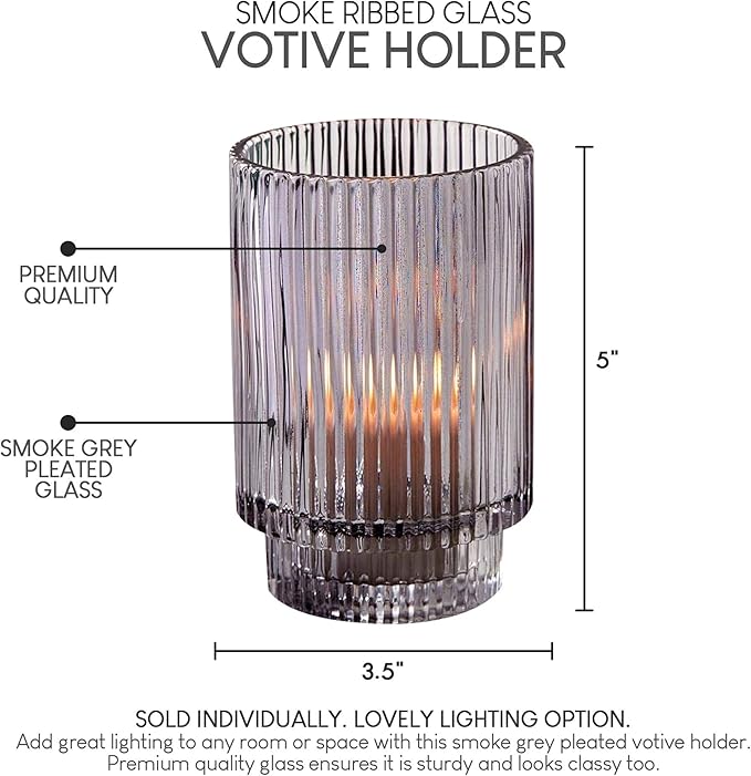 Serene Spaces Living Smoke Ribbed Glass Votive Holder, Perfect for Weddings and Home Décor, Measures 5" Tall and 3.25" Diameter