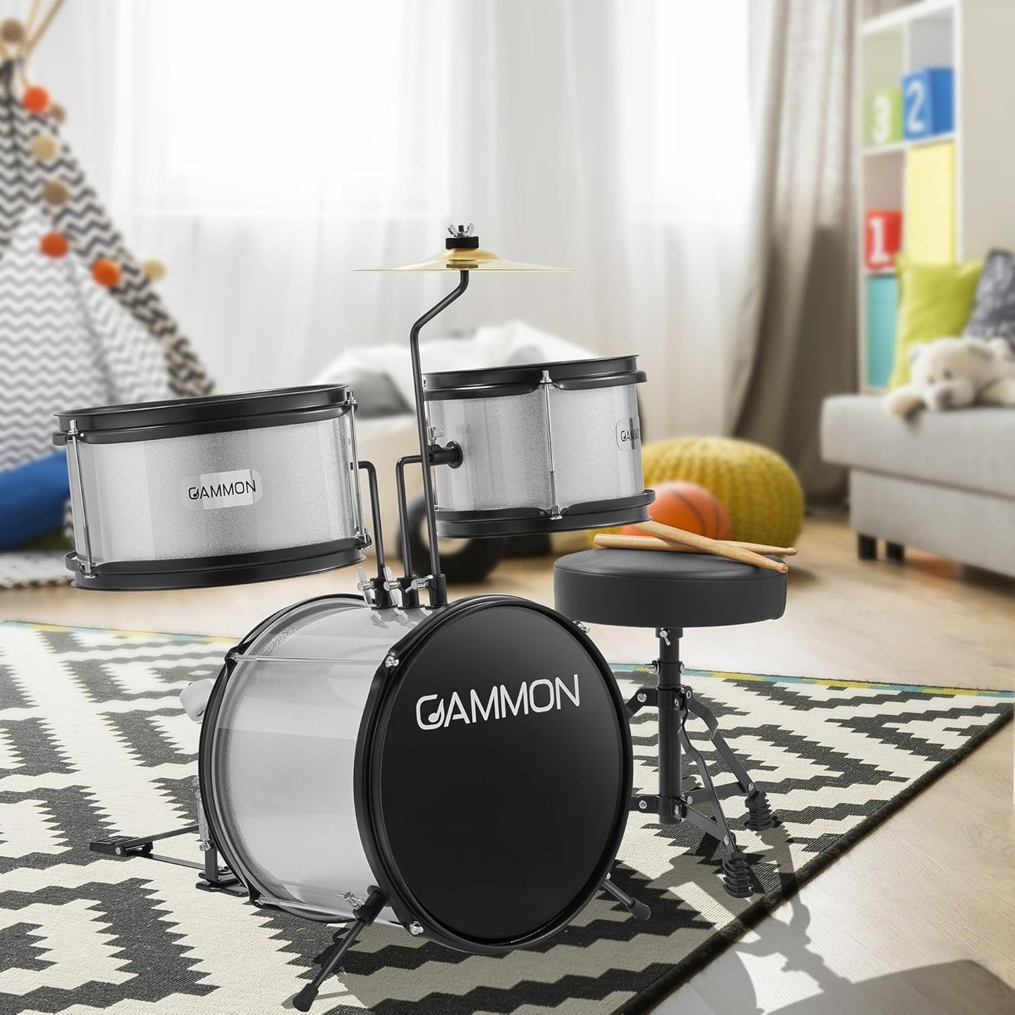 Gammon 3-Piece Junior Drum Set with Throne - Silver, Complete Beginner Kit with Bass Drum, Toms, Cymbal, Pedal, and Drumsticks