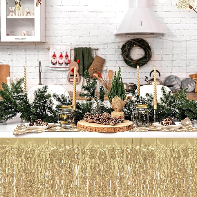 4P Wavy Metallic Tinsel Foil Fringe Table Skirts for Rectangle Tables Backdrop Garland Curtains for Parade Floats Wedding Birthday Parties Decoration Graduation 2025 Christmas (Champagne)