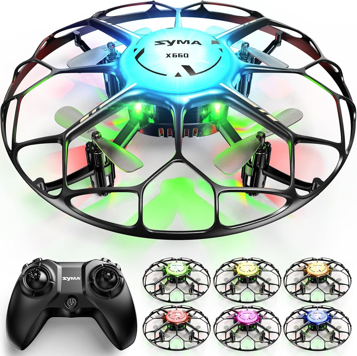 SYMA Drone for Kids with 7-Color LED Light, X660 Mini Drone with 3D Flip, Rotary Ascent, Headless Mode, Speed Switch and Full Protection RC Toys Gifts for Beginners Adults
