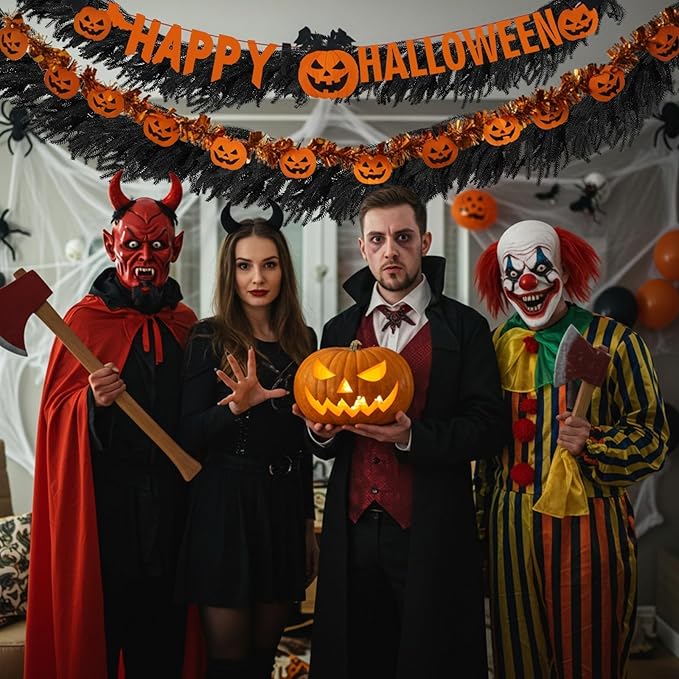 N&T NIETING 5.9FT Halloween Black Artificial Norfolk Pine Garland Real Touch Christmas Garlands Faux Garland for Table Mantle Holiday Fireplace Indoor Outdoor Christmas Halloween Decorations