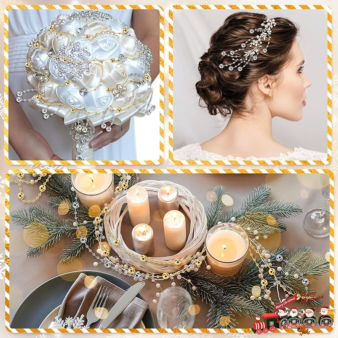 JULBEAR Beads Garland Decoration,1 Rolls 131 Feet Gold Christmas Pearl Strands Chain Bead Garland for Christmas Tree Fireplace Wreath Gift Bouquet Crafts Wrapping Wedding Party Centerpieces Decoration