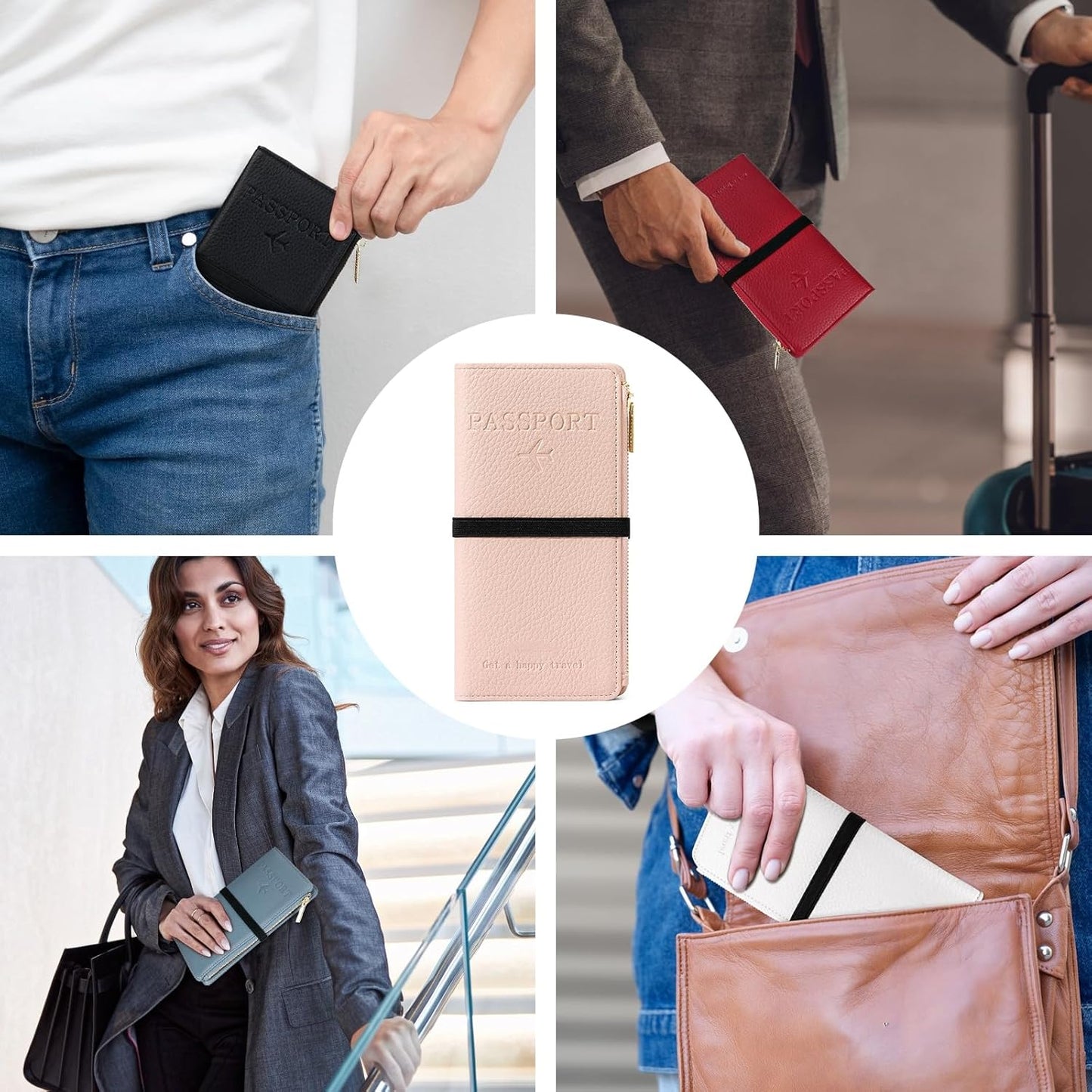 Travel Passport Wallet, RFID Blocking Passport Holder with Zipper, Passport Cover for Women Men, PU Leather Travel Document Organizer with Card Slots, Gift for Family Friends, Pink