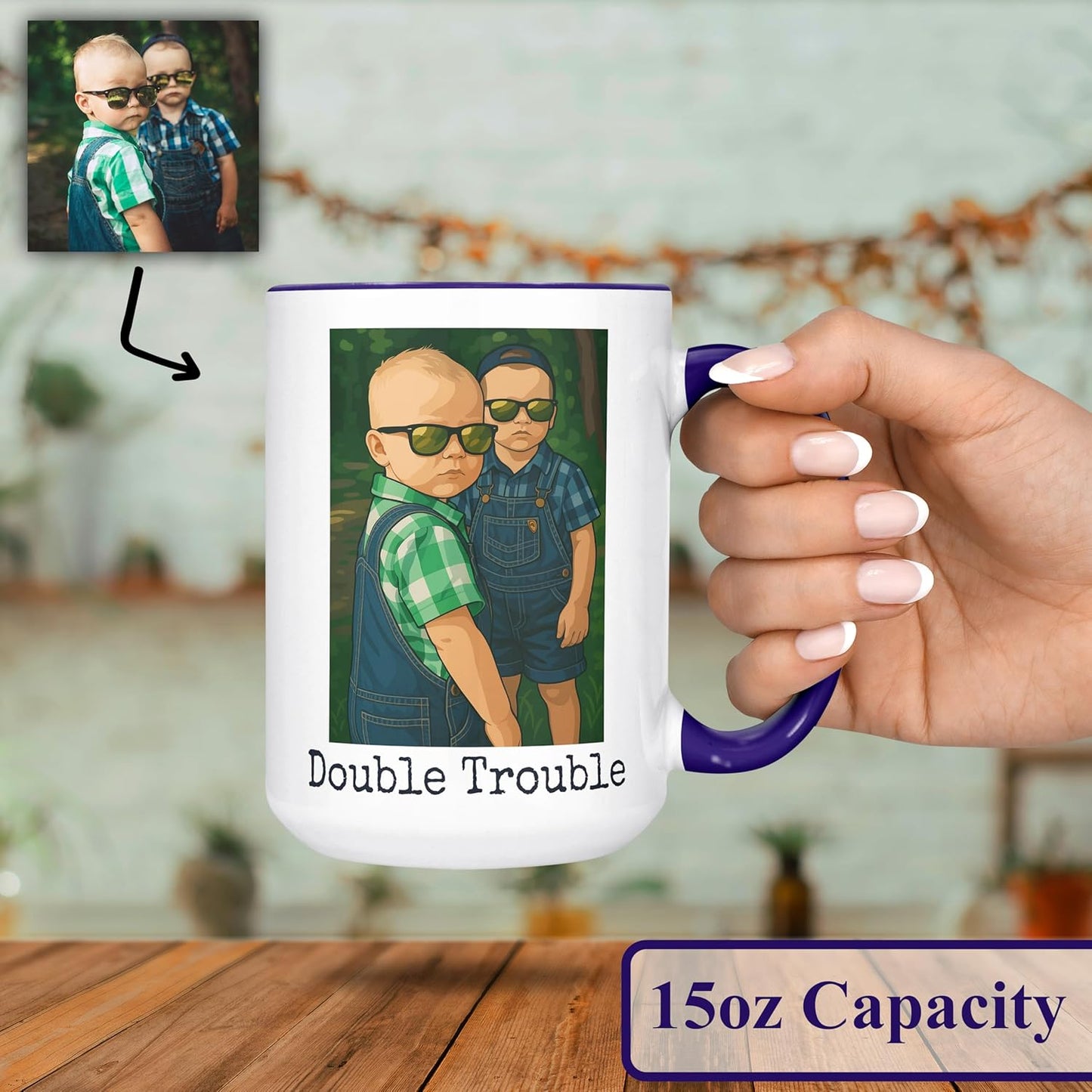 Personalized Coffee Mug, Custom Drawing Portrait Gift, Funny Customized Coffee Gift for Men & Women, Custom Mugs with Pictures, Navy 15oz Father's Day Mug