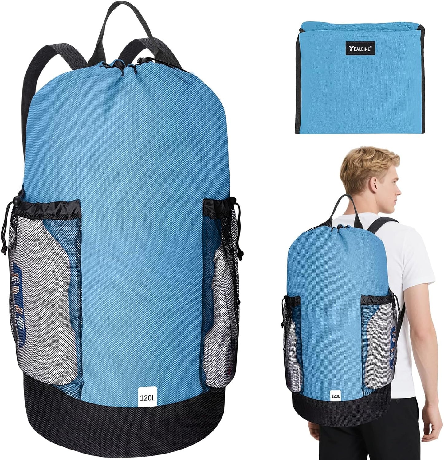 BALEINE 120L Laundry Bag Backpack, 900D Oxford Fabric Large Travel Laundry Bags with Shoulder Straps and 2 Mesh Pockets for College Dorm, Apartment, Laundromat (Blue, 120L)
