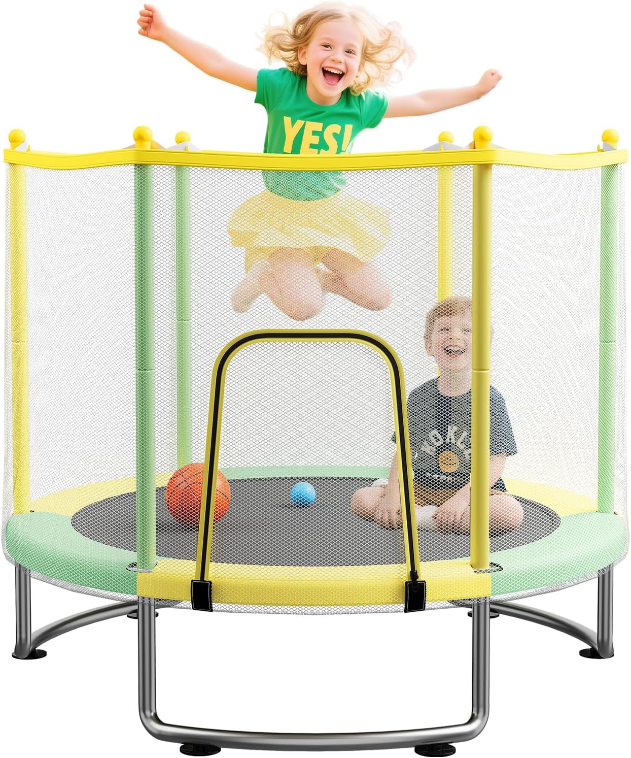 Kids Trampoline with Safety Net – 440lbs Capacity, Upgraded Rust-Proof Ring Legs, Adjustable Gymnastics Bar & Toys – Indoor Outdoor Toddler Trampoline for Boys & Girls Ages 1-8