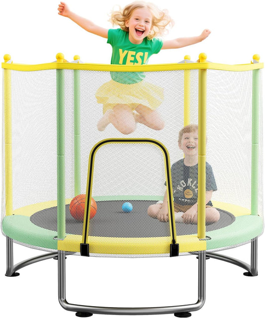 Kids Trampoline with Safety Net – 440lbs Capacity, Upgraded Rust-Proof Ring Legs, Adjustable Gymnastics Bar & Toys – Indoor Outdoor Toddler Trampoline for Boys & Girls Ages 1-8