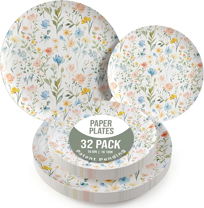 Trendables Heavy Duty Paper Plates Set For 16 Guests - 16 Each Of 8-inch And 10-inch Disposable Plates For Party - Fancy 32 Piece Dinnerware Set For All Occasions | Floral Design, Petite Fleur