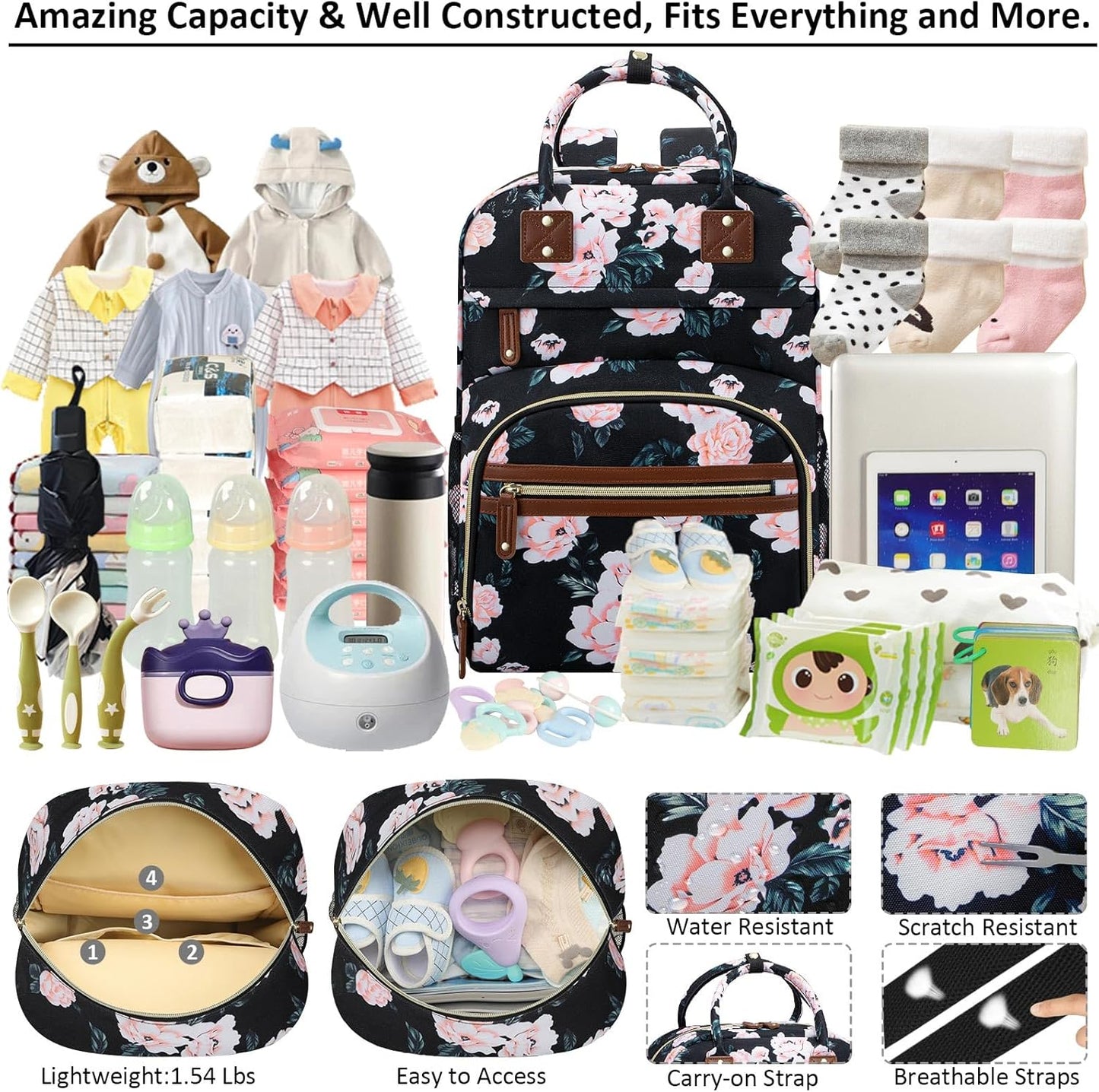 Diaper Bag Backpack Tote for Women Large Capacity with Insulated Pockets Multifunctional Diaper Bags For Baby Girl Boy Waterproof Baby Bags, Maternity Bag Black Pink Floral