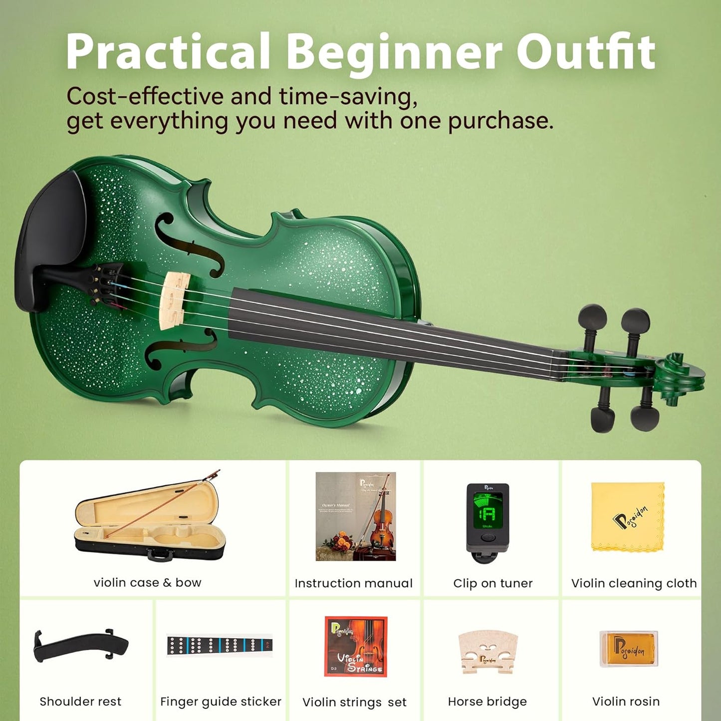 Poseidon Violin for Beginner, Full Size Violin Set for Kids Student with Hard Case, Extra 4/4 Strings Set, Violin Bow, Horse Bridges, Rosin, Shoulder Rest, Clip-on Tuner, Manual - Green Glossy