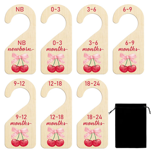 R HORSE Wooden Baby Closet Dividers - 8Pcs Double-Sided Cherry Pink Bow Baby Closet Organizer Newborn Clothes Size Hanger Dividers Nursery Decor Baby Shower Birthday Gift for Boy Girl (0-24 Months)