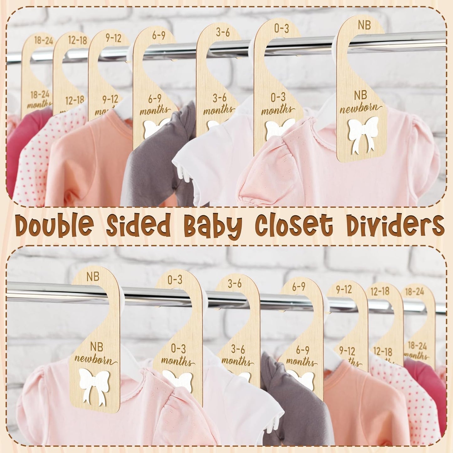 R HORSE Wooden Baby Closet Dividers - 3D Coquette White Bow Baby Closet Organizer, 8Pcs Double-Sided Newborn Clothes Size Hanger Dividers, Nursery Decor Birthday Gift for Boy Girl (0-24 Months)