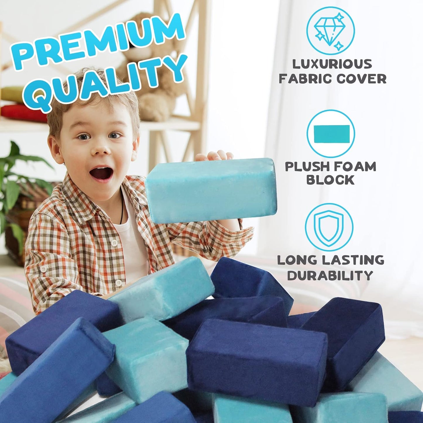 The Original Premium Plush Building Block for Kids - Certified Safe Foam Blocks in Luxuriously Soft Fabric Covers - Set of 24 (Ocean)