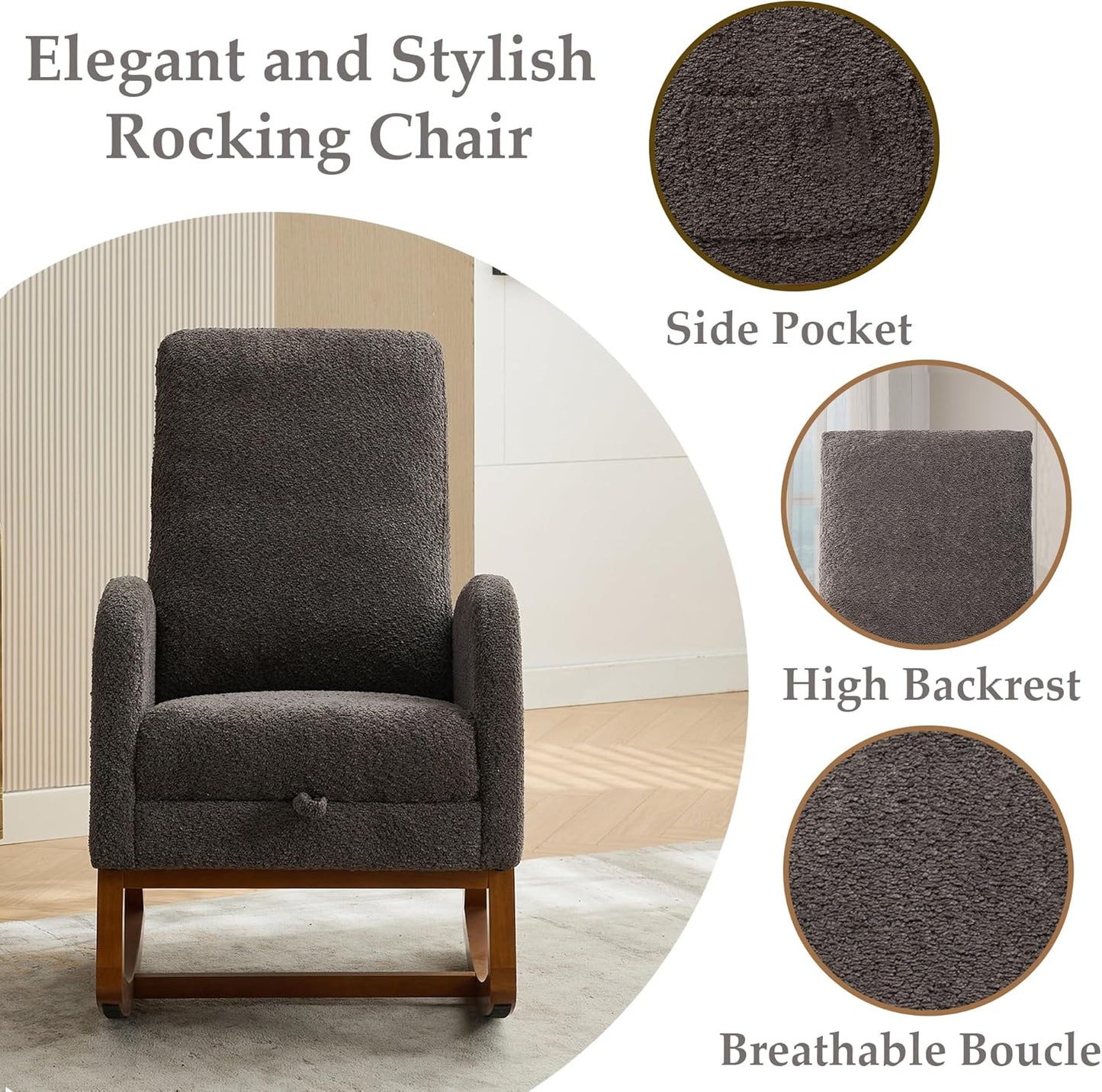 Nursery Rocking Chair with Foot Rest, Upholstered Glider Chair with Two Side Pockets, High Back Nursing Chair, Rocker Accent Armchair for Bedroom Living Room (Charcoal)