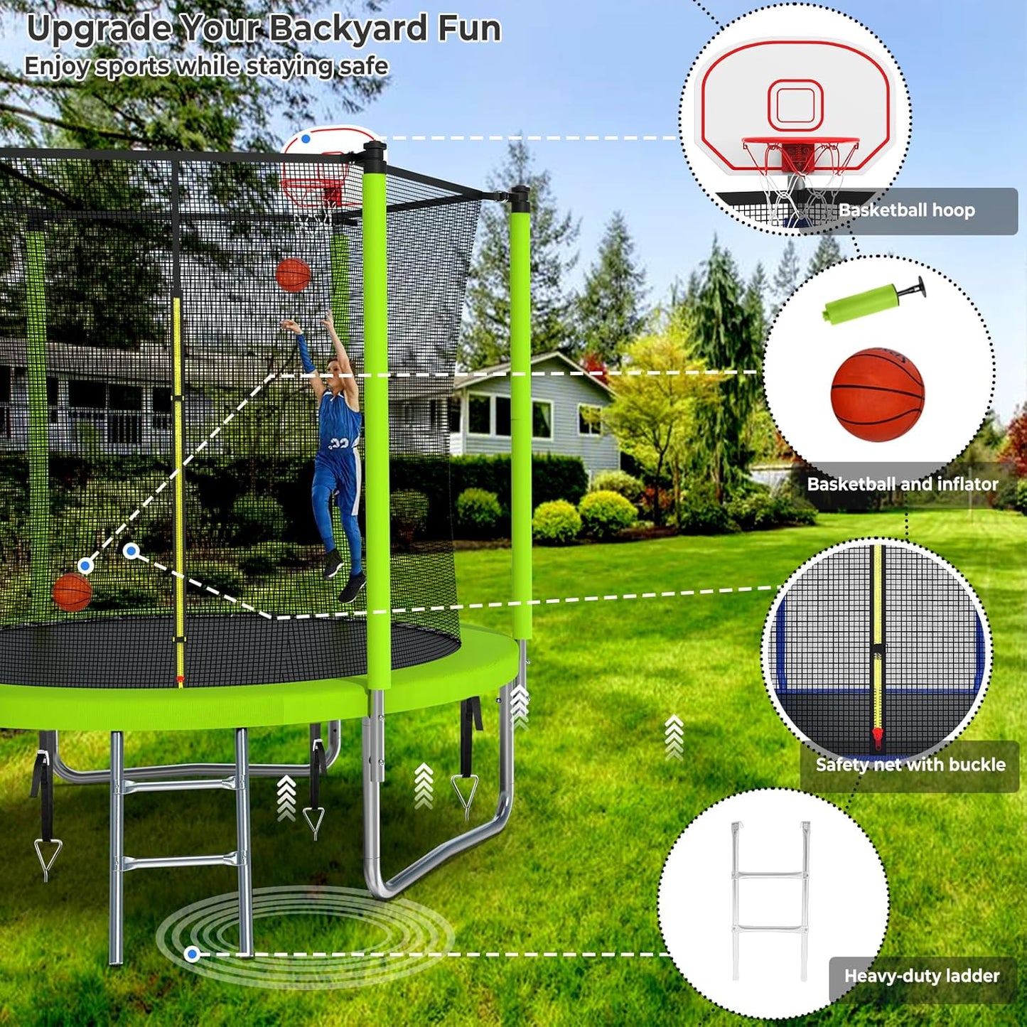 Upgraded 10/12/14/15/16FT Trampoline Outdoor, Large Kids Trampoline with Light, Stakes, Sprinkler, Backyard Trampoline with Basketball Hoop and Net, Capacity for 4-6 Kids and Adults