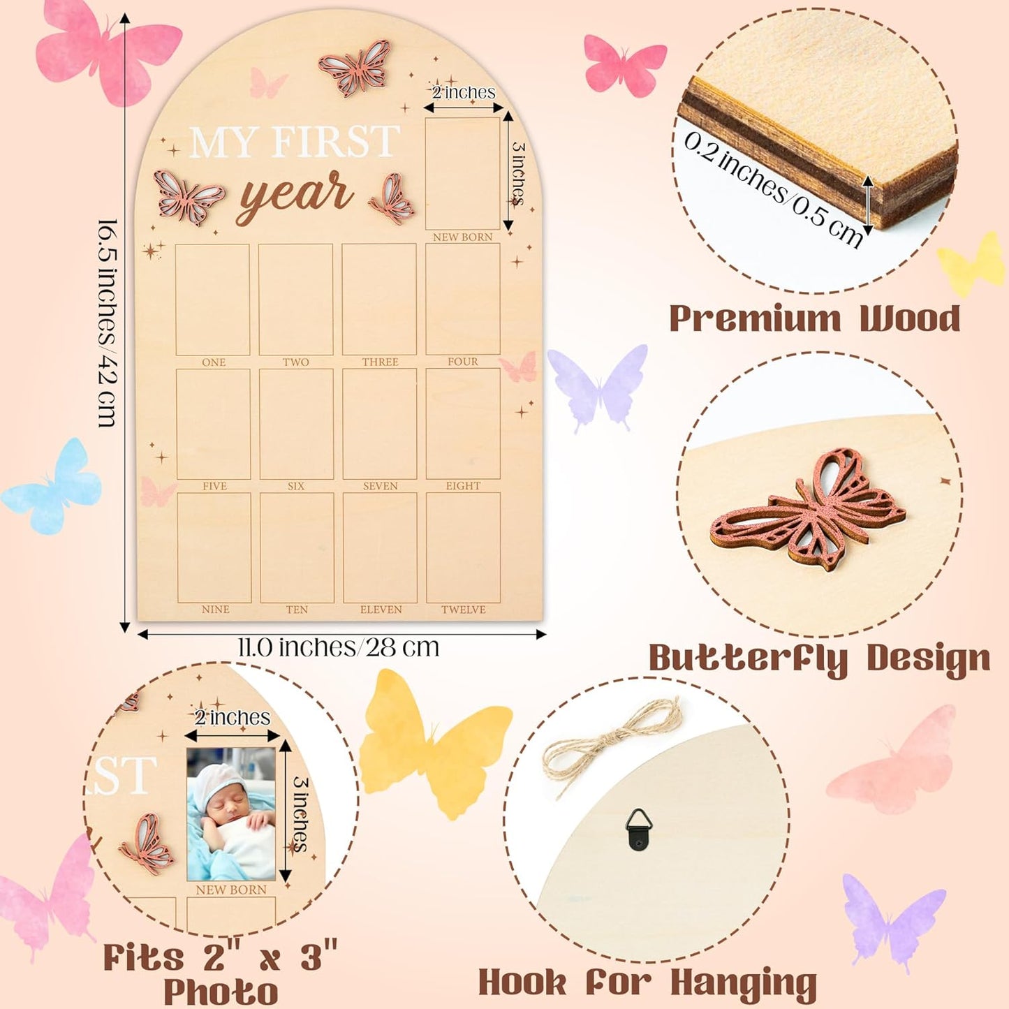 R HORSE My First Year Photo Frame Board, 3D Butterfly Baby First Year Picture Frame 12 Months Milestone Display Wood Board Baby Keepsake 1st Birthday Nursery Decor Gift for Boy Girl