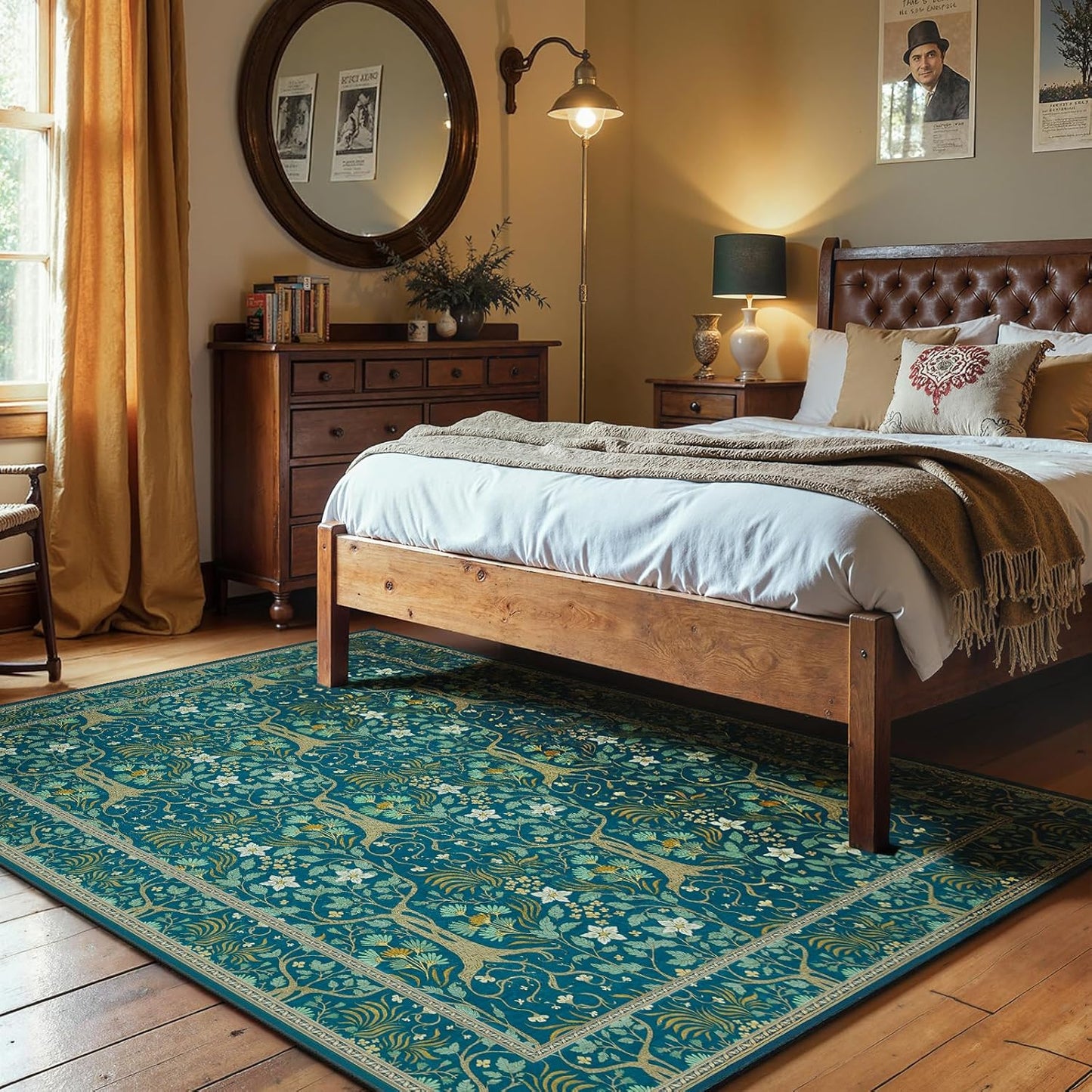 Joydeco Washable Area Rugs 5x7, Boho Floral Dining Room Rug Non Slip, Soft Low-Pile Botanical Forest Indoor Floor Throw Carpet for Living Home Office Playroom Foyer, Dark Blue