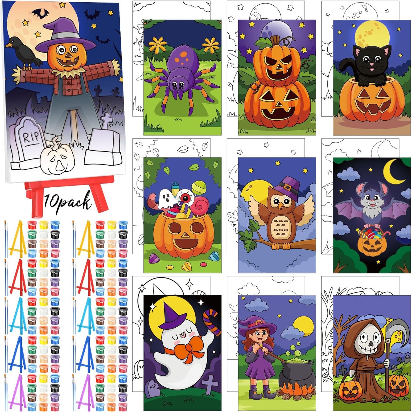 Blosssound 10 Set Pre Printed Canvas Pre Drawn Canvas Painting with Easel Kits 5" x 7" Outline Painting Panels for Beginners, DIY Craft Project, Party Favor, Home Decors(Spider)